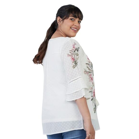 GIA Boho Top XXL White Oversized Sheer Floral Print Peasant Plus Flutter Tassel - Picture 5 of 16